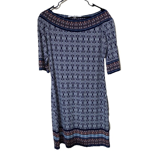 MAX STUDIO Mixed Print Sheath Dress L Blue Stretch Travel Knit - Picture 4 of 11